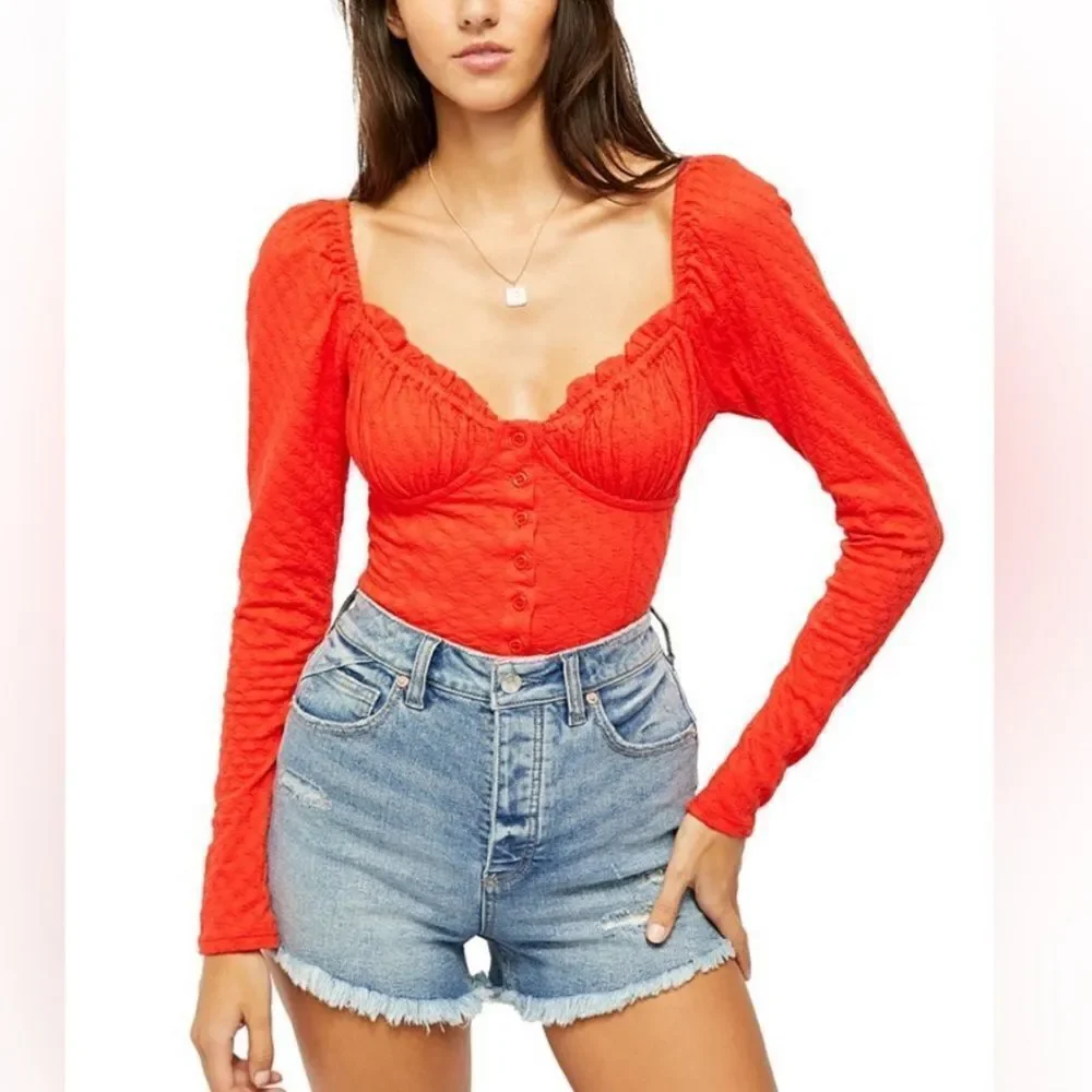 Free People Crop Top Womens  Orange  Blouse Long Sleeve Sz M Buttons